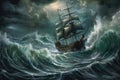 stormy seascape with a pirate ship battling the raging waves