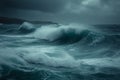 Stormy seascape Raging ocean waves in cloudy, turbulent weather