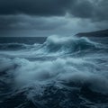 Stormy seascape Raging ocean waves in cloudy, turbulent weather