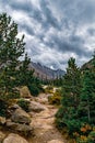 Stormy skies above Mills Lake at Rocky Mountain National park Royalty Free Stock Photo