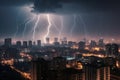 Stormy skies and lightning over city at night Royalty Free Stock Photo