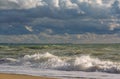 Stormy skies over the sea and the city of Sevastopol on the horizon. Crimean Black sea coast