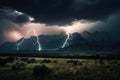 stormy sky with dark clouds and lightning, in the background a mountain range Royalty Free Stock Photo