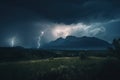 stormy sky with dark clouds and lightning, in the background a mountain range Royalty Free Stock Photo