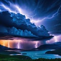 A stormy sky with multiple cloud to ground lightning