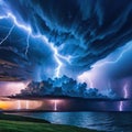 A stormy sky with multiple cloud to ground lightning