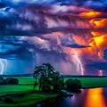 Stormy sky with multiple cloud to ground lightning strikes. Generative AI Royalty Free Stock Photo