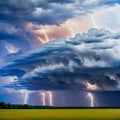 Stormy sky with multiple cloud to ground lightning strikes. Generative AI Royalty Free Stock Photo