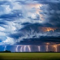 Stormy sky with multiple cloud to ground lightning strikes. Generative AI