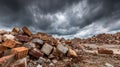 Stormy Sky Over Rubble and Broken Brick Piles Dramatic Destruction and Recovery Concept, AI generated Royalty Free Stock Photo