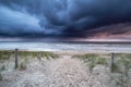 Stormy sky and showers over North sea beach Royalty Free Stock Photo