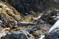 A stormy stream of a stream flows along the gorge of a winter rivulet over stones covered with snow Royalty Free Stock Photo