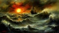 Stormy Sunset At Sea With Sailing Ship Royalty Free Stock Photo