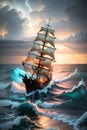 The Stormy Sunset and Waves\' Battle as the Sailing Ship Strives to Reach the Shore. AI generated