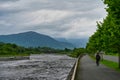 Stormy water of the Terek mountain river in Vladikavkaz city