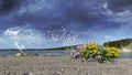 stormy weather dramatic cloudy blue sky stone pier wildflowers at sea water splash on Baltic Beach Tallinn Royalty Free Stock Photo