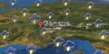 Stormy weather icons near Geneve city on the map, weather forecast related 3D rendering