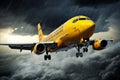 Stormy Weather. Passenger yellow Plane Soaring Through Rainy Skies Amidst Thunderous Clouds Royalty Free Stock Photo