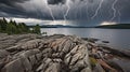 stormy weather on the rocky shore of the lake