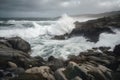 stormy weather and rough seas with waves crashing over coastal rocks