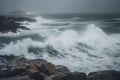 stormy weather and rough seas with waves crashing over coastal rocks