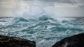 Stormy weather on the sea. Big waves strike against shallow water Royalty Free Stock Photo