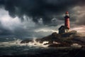stormy weather surrounding an isolated lighthouse