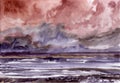Stormy wild sea. Landscape with watercolors in dark colors. The coast and the distant horizon. Royalty Free Stock Photo