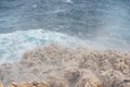 Stormy windy waves crashing on the rocks on a rocky coast