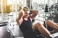 Storng man doing situp or crunches in gym,Men exercise muscular stomach Royalty Free Stock Photo