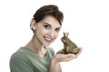 Story of frog king: Young isolated woman. Concept for singles, w Royalty Free Stock Photo