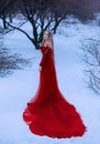 Story of frozen fairy tale, wonderful pretty blonde princess in gorgeous adorable royal maroon magical dress of red and Royalty Free Stock Photo