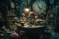 Story of the imagination Alice in Wonderland, White Herald rabbit, Cheshire Cat, fantastic forest landscape, mushrooms