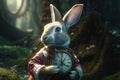 Story of the imagination Alice in Wonderland, White Herald rabbit, Cheshire Cat, fantastic forest landscape, mushrooms