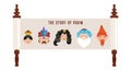 The story of Purim with traditional characters. Jewish acient scroll. banner template illustration Royalty Free Stock Photo