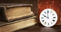 Story time, storytelling banner, old books and vintage clock Royalty Free Stock Photo