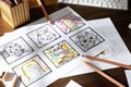 Storyboard with cartoon sketches. Pre-production process Royalty Free Stock Photo