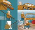 Storyboard with a little boy playing a car