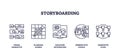 Storyboarding involves visual narrative, planning scenes, dialogue integration. Outline icons ... Royalty Free Stock Photo