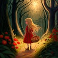 Storybook art of little girl wondering through scary forest with basket Royalty Free Stock Photo