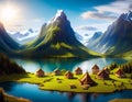 storybook style image of an old viking type Scandinavian village surrounded by water, forest and mountains