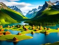 storybook style image of an old viking type Scandinavian village surrounded by water, forest and mountains.