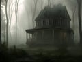 storybook type illustration of an old empty large house in the woods surrounded by winter mist, horror or mystery concept