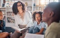 Storytelling, teacher or students with talking in a library asking questions for learning development. Education, kids Royalty Free Stock Photo