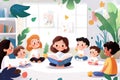Storytime in a bright classroom with children and teacher in a cozy learning environment Royalty Free Stock Photo