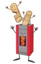 Stove cartoon mascot with wood pellets