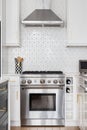 A stove detail with a pattern backsplash. Royalty Free Stock Photo