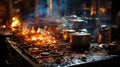 Stove ignited in the kitchen during cooking, smoke and soot around, fire at home Royalty Free Stock Photo