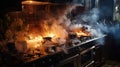 Stove ignited in the kitchen during cooking, smoke and soot around, fire at home Royalty Free Stock Photo