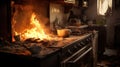 Stove ignited in the kitchen during cooking, smoke and soot around, fire at home Royalty Free Stock Photo